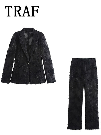 TRAF Žensko odijelo Kompleti hlača s teksturom Ženski 2-dijelni modni sako ukrašen biserom Novi dvodijelni komplet ženske odjeće