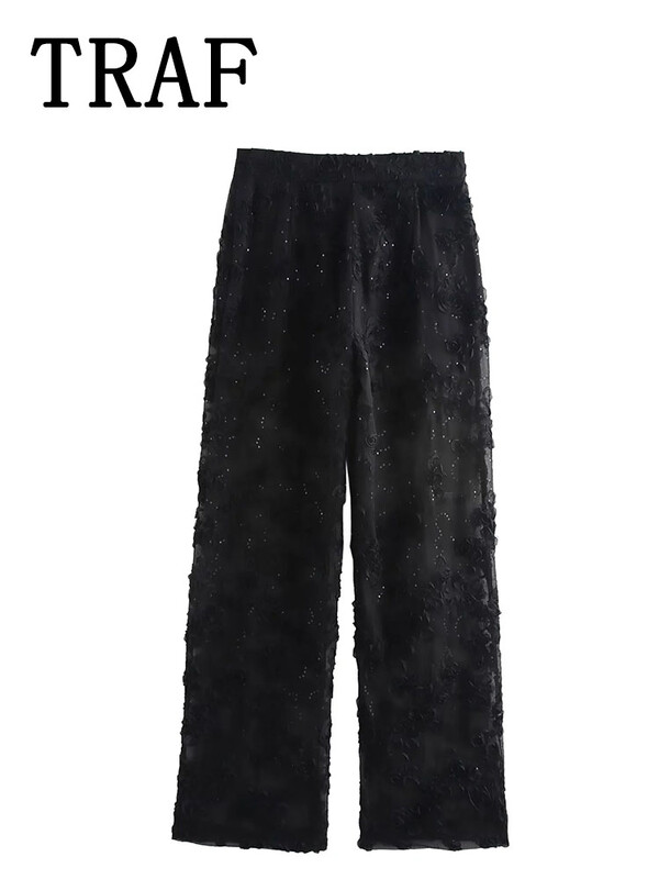 TRAF Žensko odijelo Kompleti hlača s teksturom Ženski 2-dijelni modni sako ukrašen biserom Novi dvodijelni komplet ženske odjeće