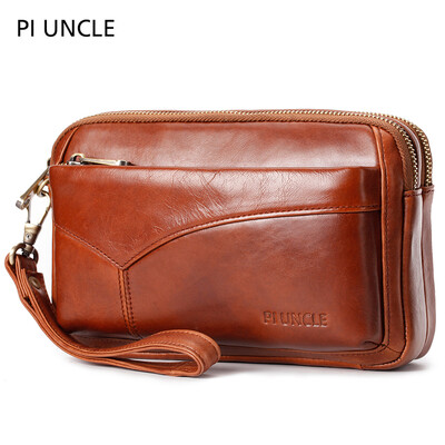 Γνήσιο δερμάτινο ανδρικό τσαντάκι συμπλέκτη Μάρκας PIUNCLE Θήκη κάρτας Μακριά πορτοφόλια Διπλό φερμουάρ μεγάλης χωρητικότητας Vintage ανδρικά πορτοφόλια