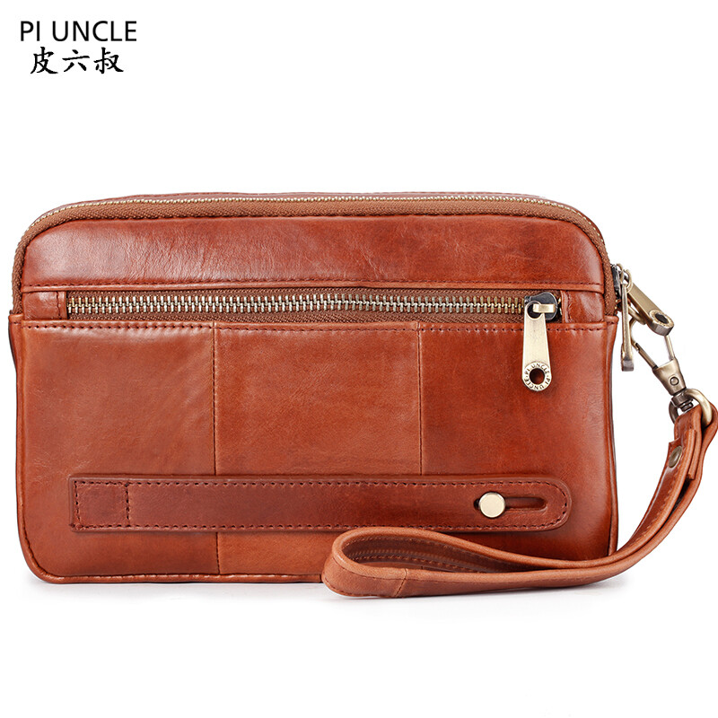 Γνήσιο δερμάτινο ανδρικό τσαντάκι συμπλέκτη Μάρκας PIUNCLE Θήκη κάρτας Μακριά πορτοφόλια Διπλό φερμουάρ μεγάλης χωρητικότητας Vintage ανδρικά πορτοφόλια
