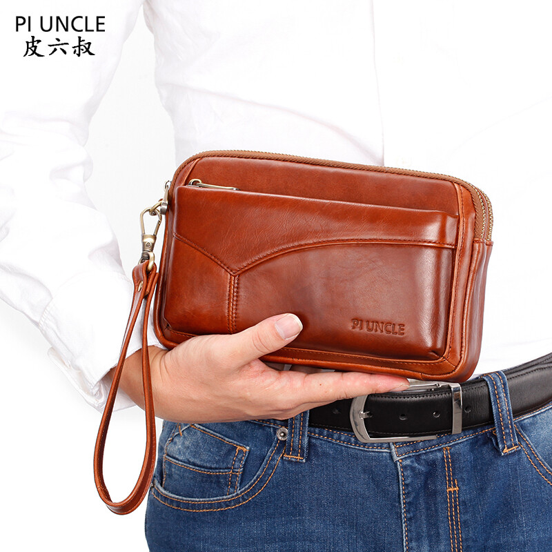 Γνήσιο δερμάτινο ανδρικό τσαντάκι συμπλέκτη Μάρκας PIUNCLE Θήκη κάρτας Μακριά πορτοφόλια Διπλό φερμουάρ μεγάλης χωρητικότητας Vintage ανδρικά πορτοφόλια