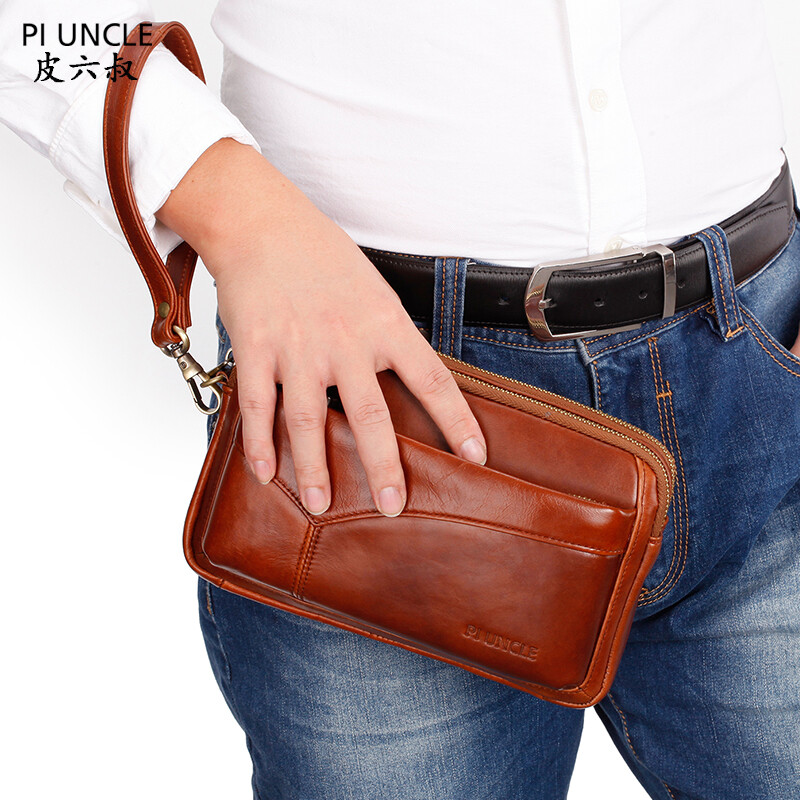 Γνήσιο δερμάτινο ανδρικό τσαντάκι συμπλέκτη Μάρκας PIUNCLE Θήκη κάρτας Μακριά πορτοφόλια Διπλό φερμουάρ μεγάλης χωρητικότητας Vintage ανδρικά πορτοφόλια