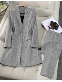 Rudens un ziemas sieviešu svinīgs biroja sieviešu biznesa divu gabalu komplekts, plāns rūtains žakete, garš mētelis un bikškostīms līdz potītēm ar augstu vidukli