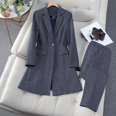 Rudens un ziemas sieviešu svinīgs biroja sieviešu biznesa divu gabalu komplekts, plāns rūtains žakete, garš mētelis un bikškostīms līdz potītēm ar augstu vidukli