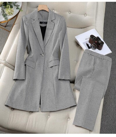 Rudens un ziemas sieviešu svinīgs biroja sieviešu biznesa divu gabalu komplekts, plāns rūtains žakete, garš mētelis un bikškostīms līdz potītēm ar augstu vidukli