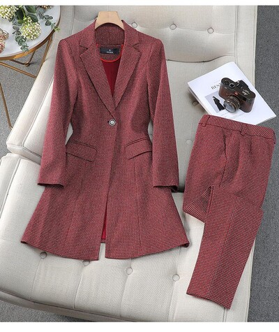 Rudens un ziemas sieviešu svinīgs biroja sieviešu biznesa divu gabalu komplekts, plāns rūtains žakete, garš mētelis un bikškostīms līdz potītēm ar augstu vidukli
