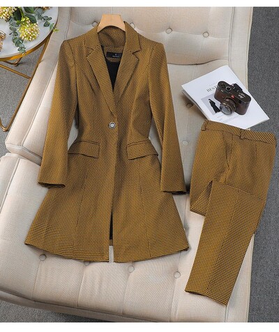 Rudens un ziemas sieviešu svinīgs biroja sieviešu biznesa divu gabalu komplekts, plāns rūtains žakete, garš mētelis un bikškostīms līdz potītēm ar augstu vidukli