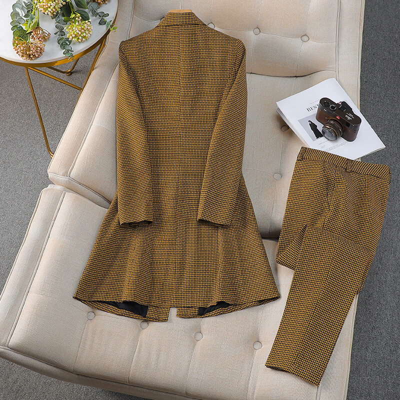 Rudens un ziemas sieviešu svinīgs biroja sieviešu biznesa divu gabalu komplekts, plāns rūtains žakete, garš mētelis un bikškostīms līdz potītēm ar augstu vidukli