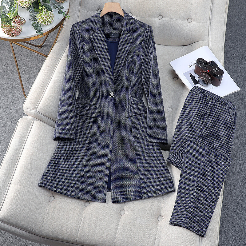 Rudens un ziemas sieviešu svinīgs biroja sieviešu biznesa divu gabalu komplekts, plāns rūtains žakete, garš mētelis un bikškostīms līdz potītēm ar augstu vidukli