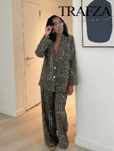 TRAFZA ženski 2-dijelni vojnozeleni uredski sako s geometrijskim printom na rever + patentni zatvarač visokog struka ležerno odijelo širokih nogavica s ravnim hlačama