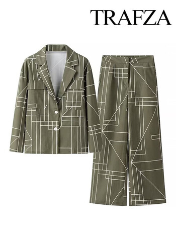 Γυναικεία TRAFZA 2 τεμαχίων Army Green Geometric Print Lapel Blazer Office + Ψηλόμεσο φερμουάρ Casual κοστούμι ίσιο παντελόνι με φαρδύ πόδι