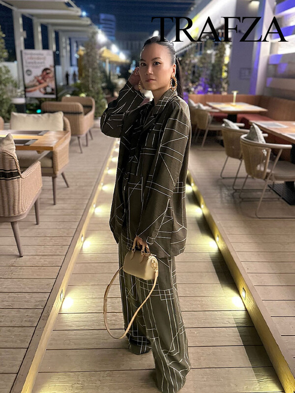 TRAFZA ženski 2-dijelni vojnozeleni uredski sako s geometrijskim printom na rever + patentni zatvarač visokog struka ležerno odijelo širokih nogavica s ravnim hlačama