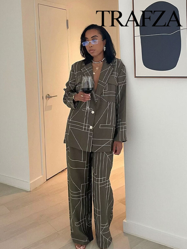 TRAFZA ženski 2-dijelni vojnozeleni uredski sako s geometrijskim printom na rever + patentni zatvarač visokog struka ležerno odijelo širokih nogavica s ravnim hlačama