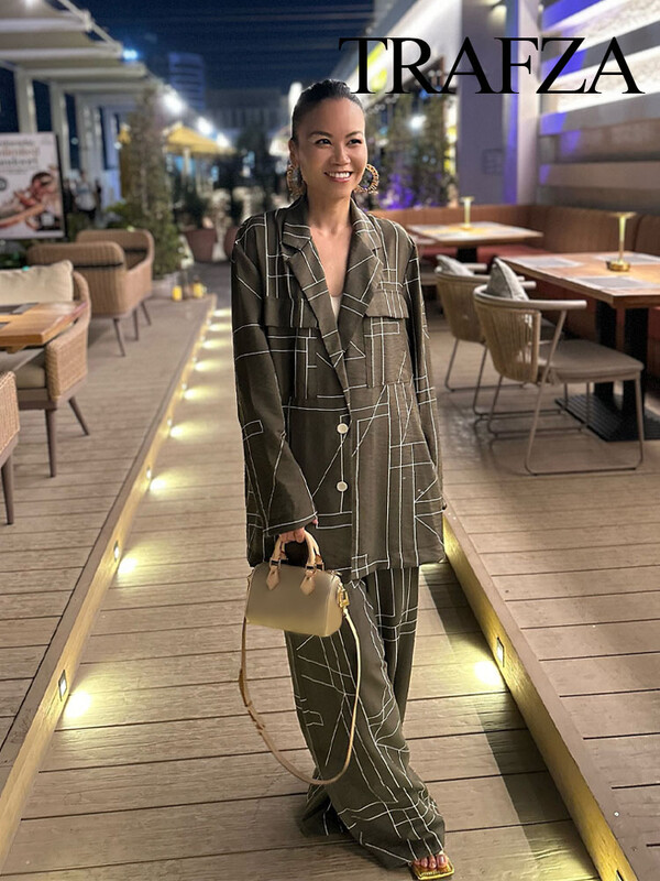 TRAFZA ženski 2-dijelni vojnozeleni uredski sako s geometrijskim printom na rever + patentni zatvarač visokog struka ležerno odijelo širokih nogavica s ravnim hlačama