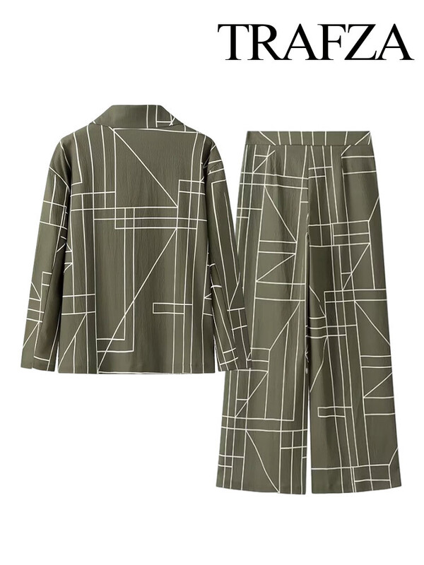 TRAFZA ženski 2-dijelni vojnozeleni uredski sako s geometrijskim printom na rever + patentni zatvarač visokog struka ležerno odijelo širokih nogavica s ravnim hlačama