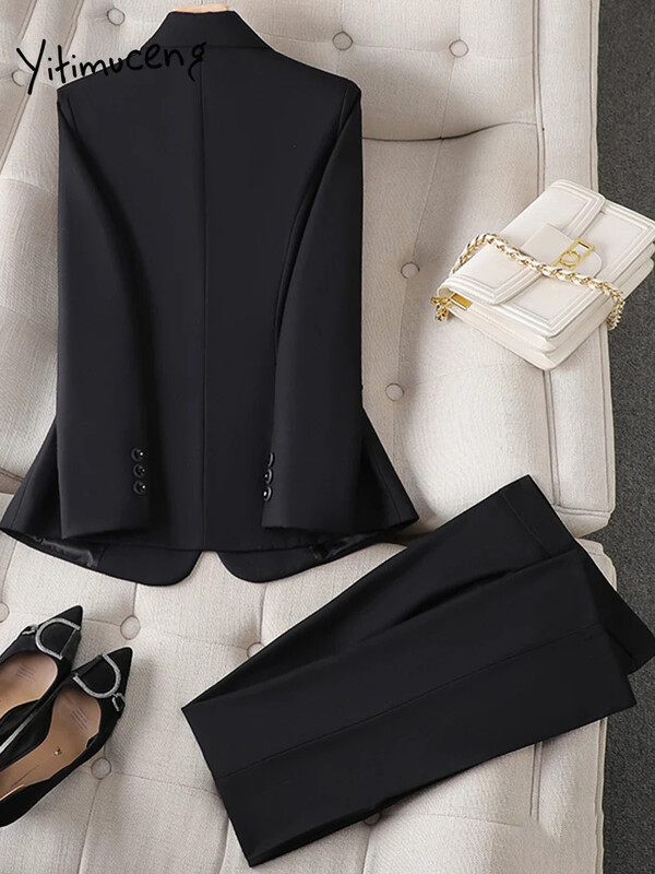 Yitimuceng biroja apģērbu sieviešu uzvalku komplekts 2023. gada rudens modes jauns, elegants žakete ar vienu pogu ar garām piedurknēm + bikškostīmi ar augstu jostasvietu