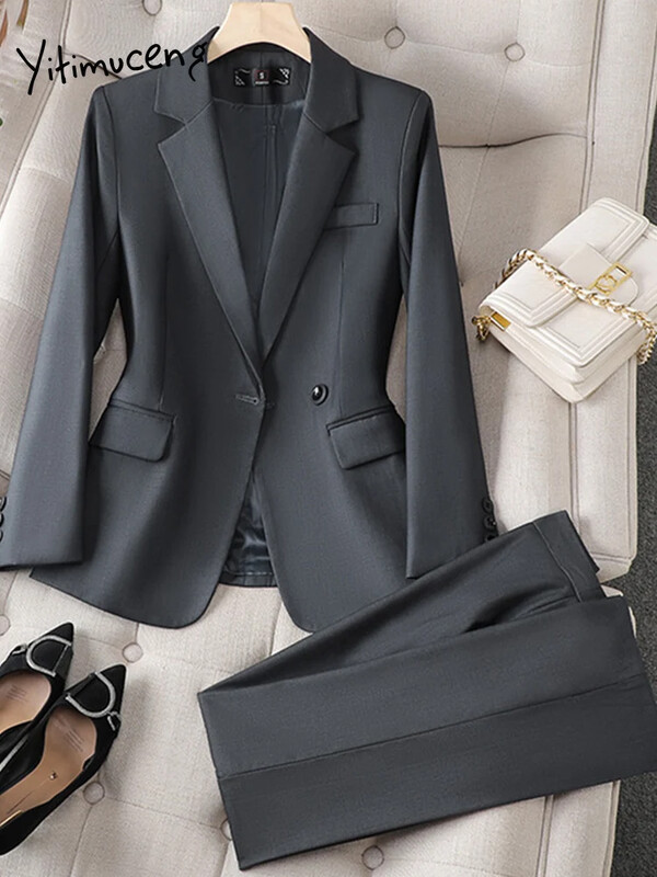 Yitimuceng biroja apģērbu sieviešu uzvalku komplekts 2023. gada rudens modes jauns, elegants žakete ar vienu pogu ar garām piedurknēm + bikškostīmi ar augstu jostasvietu
