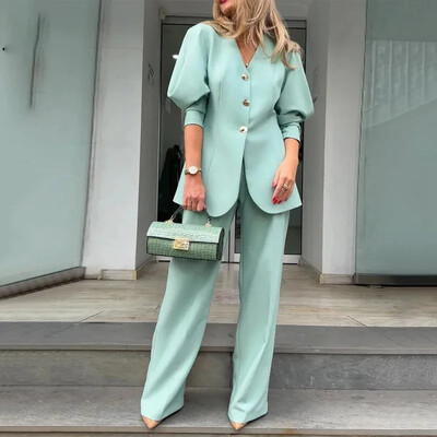 Set de haine și pantaloni la modă pentru femei, cu mâneci tip lanternă, de primăvară 2024, noi seturi de blaze elegante pentru femei