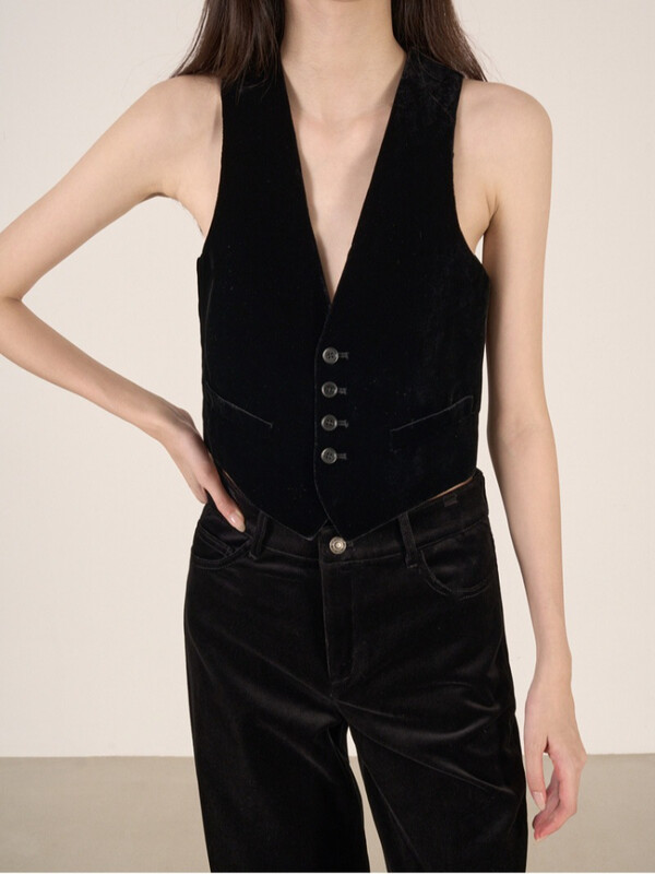 Vintage elegants, melns samta uzvalks sieviešu 2023. gada rudens/ziemas žakete + šauri pieguļoša veste + taisnas bikses, moderns trīsdaļīgs komplekts