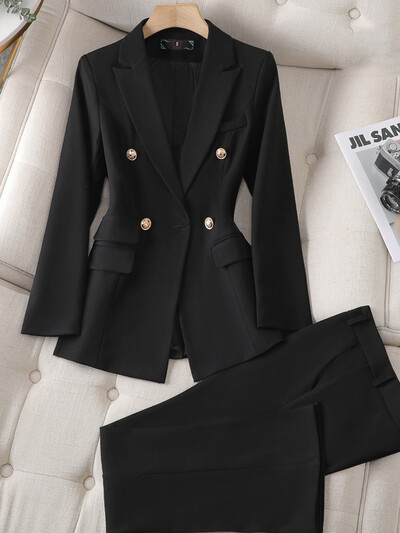 Yitimuceng Sieviešu Slim Fit Tops ar dubultām krūtīm un bikšu komplekts Elegants biroja komplekts Modes mētelis 2 gabalu komplekts