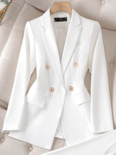 Yitimuceng Sieviešu Slim Fit Tops ar dubultām krūtīm un bikšu komplekts Elegants biroja komplekts Modes mētelis 2 gabalu komplekts