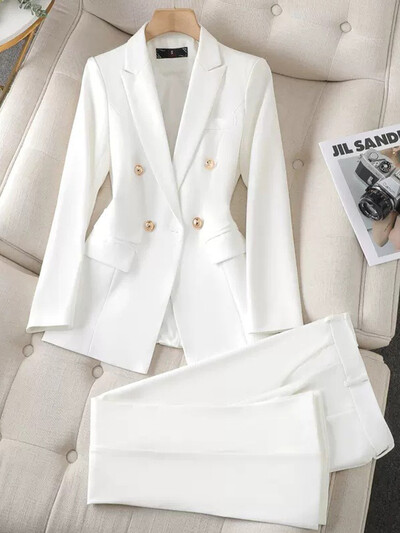 Yitimuceng Sieviešu Slim Fit Tops ar dubultām krūtīm un bikšu komplekts Elegants biroja komplekts Modes mētelis 2 gabalu komplekts