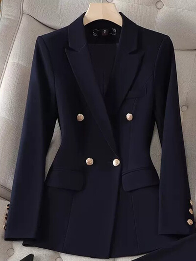 Yitimuceng Sieviešu Slim Fit Tops ar dubultām krūtīm un bikšu komplekts Elegants biroja komplekts Modes mētelis 2 gabalu komplekts