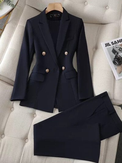 Yitimuceng Sieviešu Slim Fit Tops ar dubultām krūtīm un bikšu komplekts Elegants biroja komplekts Modes mētelis 2 gabalu komplekts