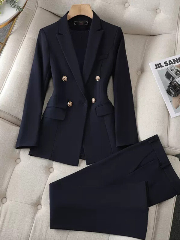 Yitimuceng Sieviešu Slim Fit Tops ar dubultām krūtīm un bikšu komplekts Elegants biroja komplekts Modes mētelis 2 gabalu komplekts