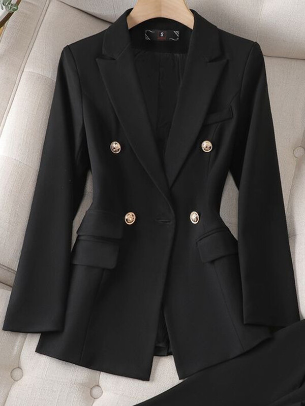 Yitimuceng Sieviešu Slim Fit Tops ar dubultām krūtīm un bikšu komplekts Elegants biroja komplekts Modes mētelis 2 gabalu komplekts