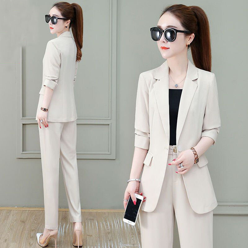 2024. gada vasara, jauna bez oderes plāna jaka, žakete, platas bikses, divdaļīgs komplekts, elegants sieviešu biroja ikdienas komplekts, biznesa uzvalks