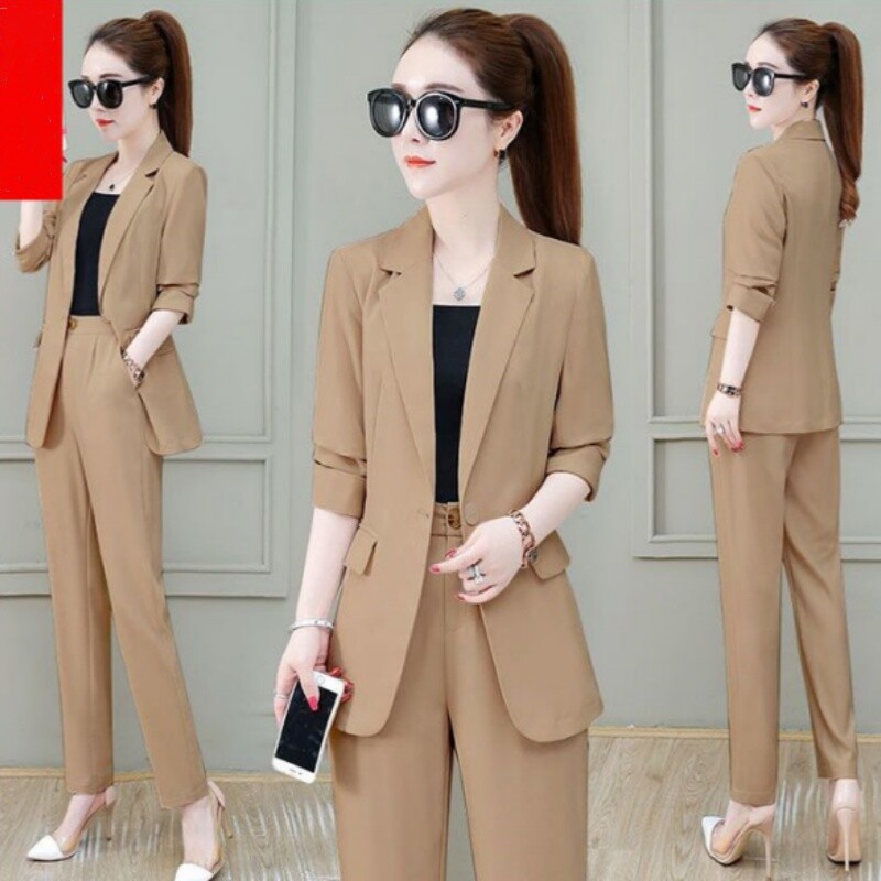 2024. gada vasara, jauna bez oderes plāna jaka, žakete, platas bikses, divdaļīgs komplekts, elegants sieviešu biroja ikdienas komplekts, biznesa uzvalks