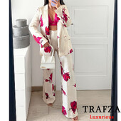 TRAFZA Ženska odijela s starinskim cvjetnim printom, V izrezom, prevelikim sakoom s dugim rukavima i širokim nogavicama s visokim strukom, modna odijela za jesen 2024.