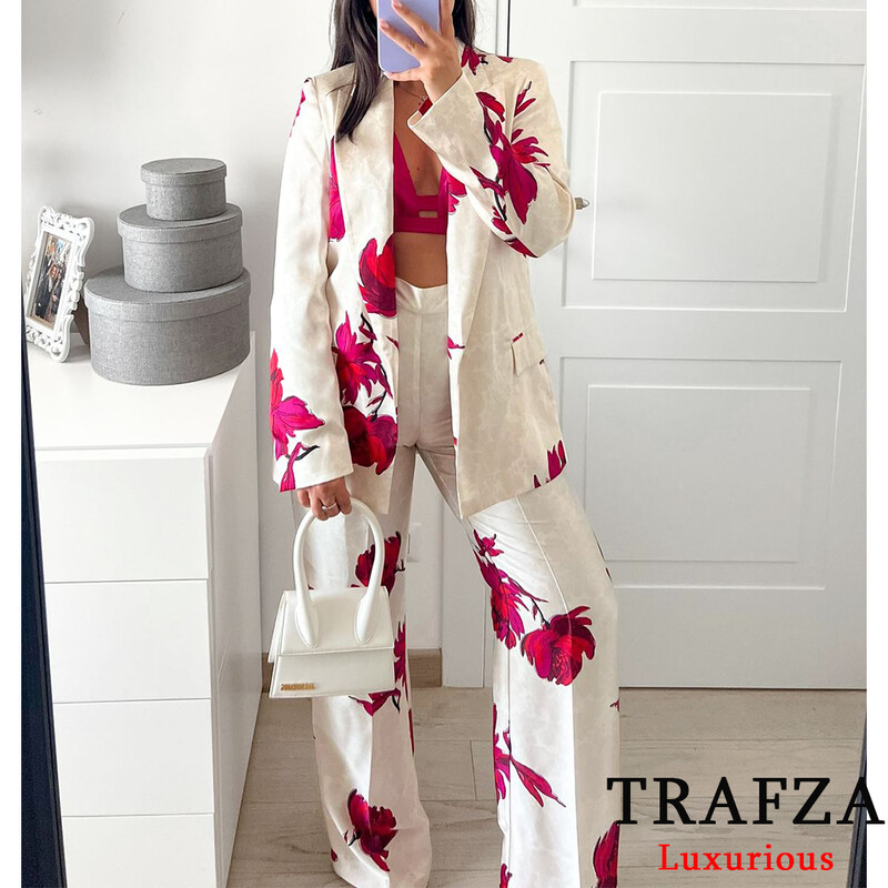TRAFZA Ženska odijela s starinskim cvjetnim printom, V izrezom, prevelikim sakoom s dugim rukavima i širokim nogavicama s visokim strukom, modna odijela za jesen 2024.