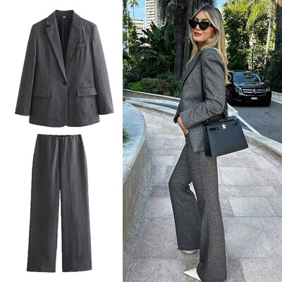 UETEEY Femei Elegante Moda Pantaloni Gri Costume Femeie buzunare Sacouri cu nasturi Pantaloni cu fermoar lateral Costume pentru dama Chic