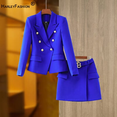 HarleyFashion Design superb Femei 2BUC Blazer Costume Solid Culoare Vară Fusta Albastru Seturi Gemene Mini Imbracaminte Strada pentru Doamna