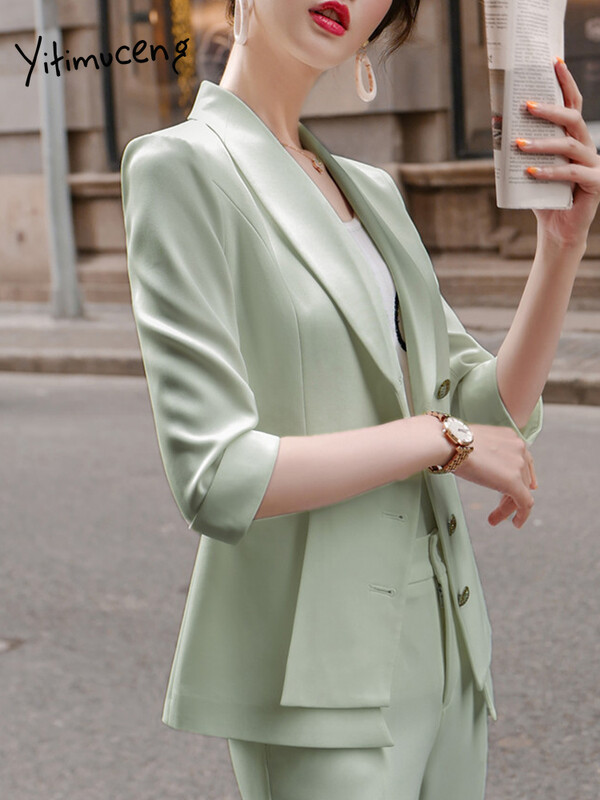 Yitimuceng Κοστούμια γραφείου 2 τεμαχίων για γυναίκες με μακρυμάνικο νέο μοτίβο Κορεατικού στυλ Μονό στήθος με μασίφ λεπτό πέτο