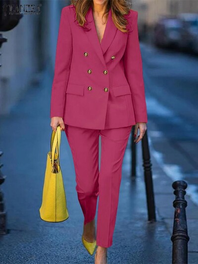 2PCS Proljetni sako odijela Modne jednobojne hlače Odijela Trenirke za uredske dame ZANZEA ženski elegantni OL kompleti radnih hlača