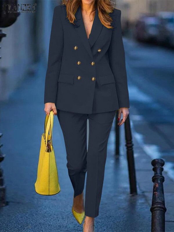 2PCS Proljetni sako odijela Modne jednobojne hlače Odijela Trenirke za uredske dame ZANZEA ženski elegantni OL kompleti radnih hlača