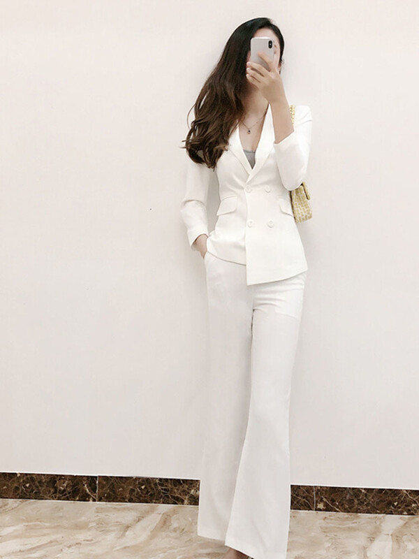 Kétrészes szett méretű formális munkakarrier blézerkabát nadrággarnitúrával piros sötétkék fekete női nadrágkosztüm