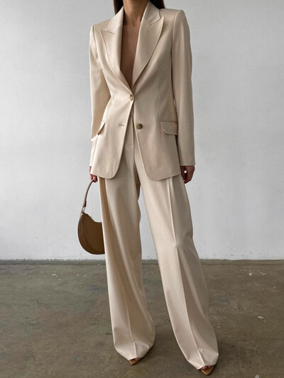 Aynaray 2023 őszi téli női irodai öltöny készletek tömör khaki V-nyakú, hosszú ujjú, 2 részes nadrág szett nőknek