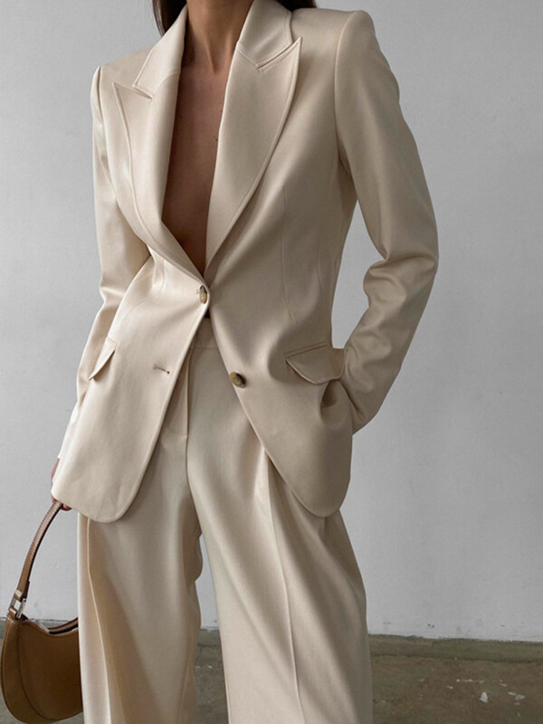 Aynaray 2023 őszi téli női irodai öltöny készletek tömör khaki V-nyakú, hosszú ujjú, 2 részes nadrág szett nőknek