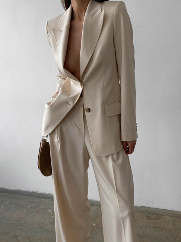 Aynaray 2023 őszi téli női irodai öltöny készletek tömör khaki V-nyakú, hosszú ujjú, 2 részes nadrág szett nőknek