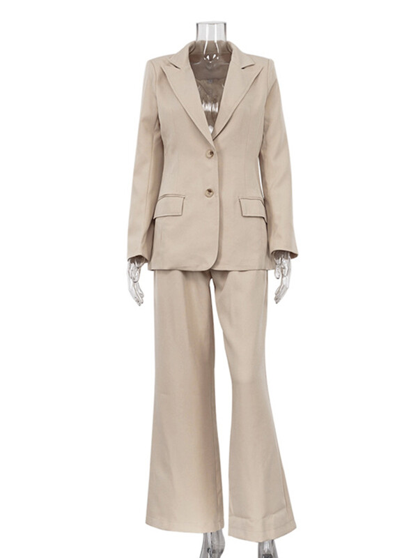 Aynaray 2023 őszi téli női irodai öltöny készletek tömör khaki V-nyakú, hosszú ujjú, 2 részes nadrág szett nőknek