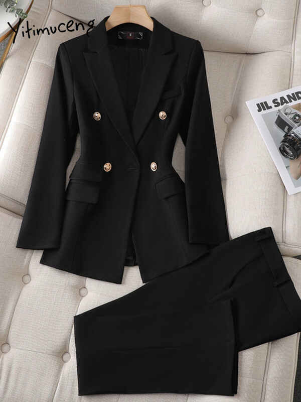 Yitimuceng Elegantna odijela s hlačama dugih rukava, uredska korejska modna dvodijelna odijela s dvostrukim kopčanjem, nova odijela s hlačama za proljeće ljeto 2024.