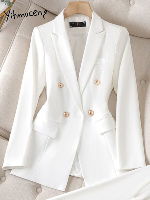 Yitimuceng Elegantna odijela s hlačama dugih rukava, uredska korejska modna dvodijelna odijela s dvostrukim kopčanjem, nova odijela s hlačama za proljeće ljeto 2024.