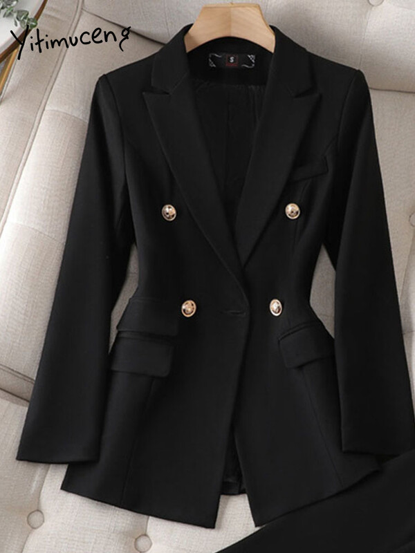 Yitimuceng Elegantna odijela s hlačama dugih rukava, uredska korejska modna dvodijelna odijela s dvostrukim kopčanjem, nova odijela s hlačama za proljeće ljeto 2024.