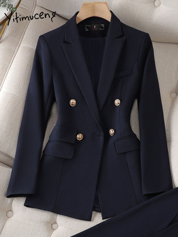 Yitimuceng Elegantna odijela s hlačama dugih rukava, uredska korejska modna dvodijelna odijela s dvostrukim kopčanjem, nova odijela s hlačama za proljeće ljeto 2024.