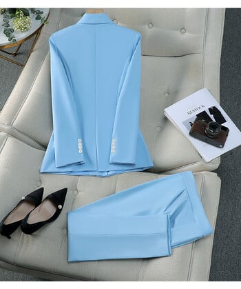 Син дамски костюм Блейзър Панталони Business Casual Office Lady Pant Sets Едноредно яке от 2 части за абитуриентски тоалети