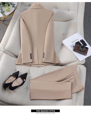 Син дамски костюм Блейзър Панталони Business Casual Office Lady Pant Sets Едноредно яке от 2 части за абитуриентски тоалети